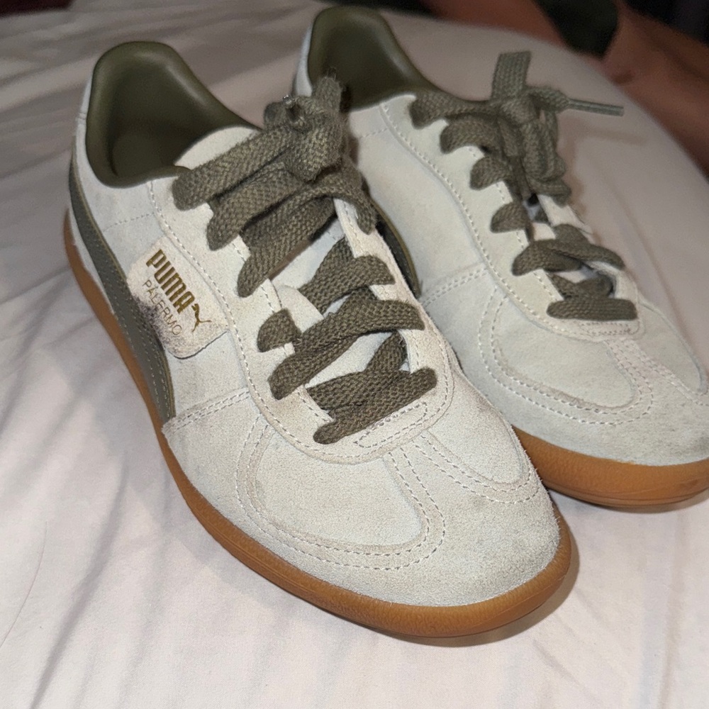 Puma White Suede Sneakers with Olive Accents and Gum Sole